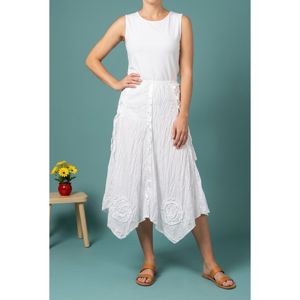 White Crinkle Lace Up Midi Skirt S Rosette Handkerchief Hem Wearable Art Cottage